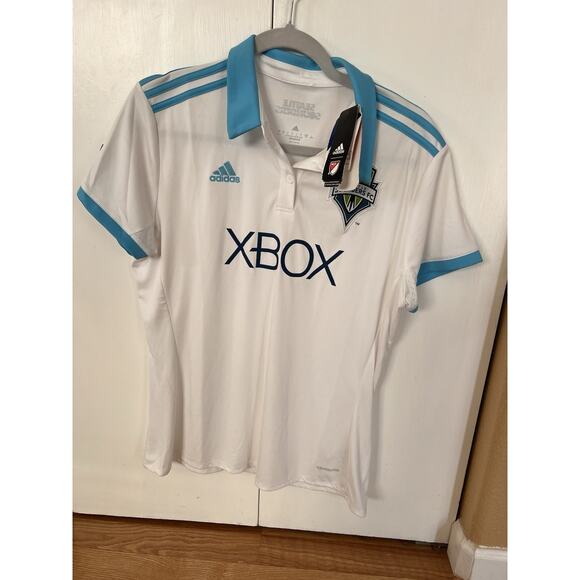 NWT Seattle Sounders Xbox 2017 Adidas Soccer Away Jersey MLS Polo White Womens L - Picture 1 of 15
